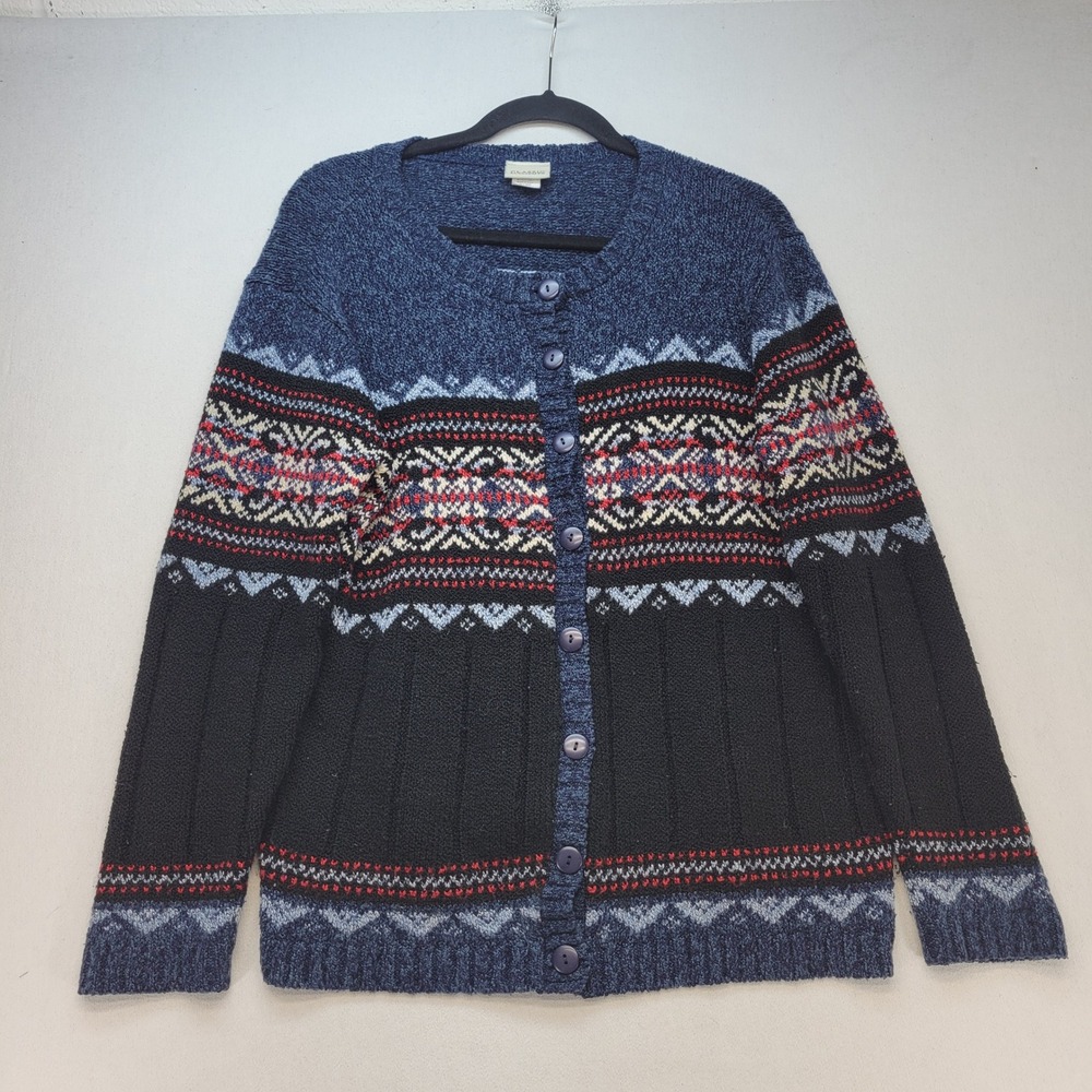 Classic Elements Cardigan Sweater Womens Small Blue Fair Isle Button Front Knit